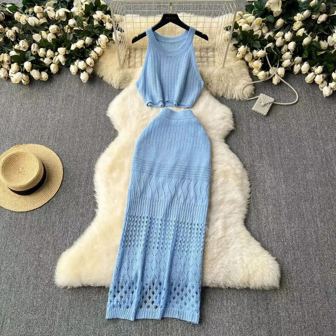 New Style Knitting Solid Color Tank Top Texture Slit Dress Ladies Beach Sunscreen Dress Suit Hollow Out Beachwear Cover Up