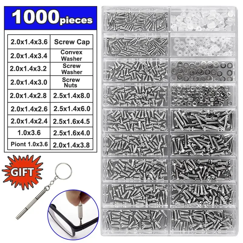 1000Pcs Glasses Screw Stainless Steel Small Screws Nuts Set Phillips Cap 18 Size Accessories Kit for Repair Sunglass