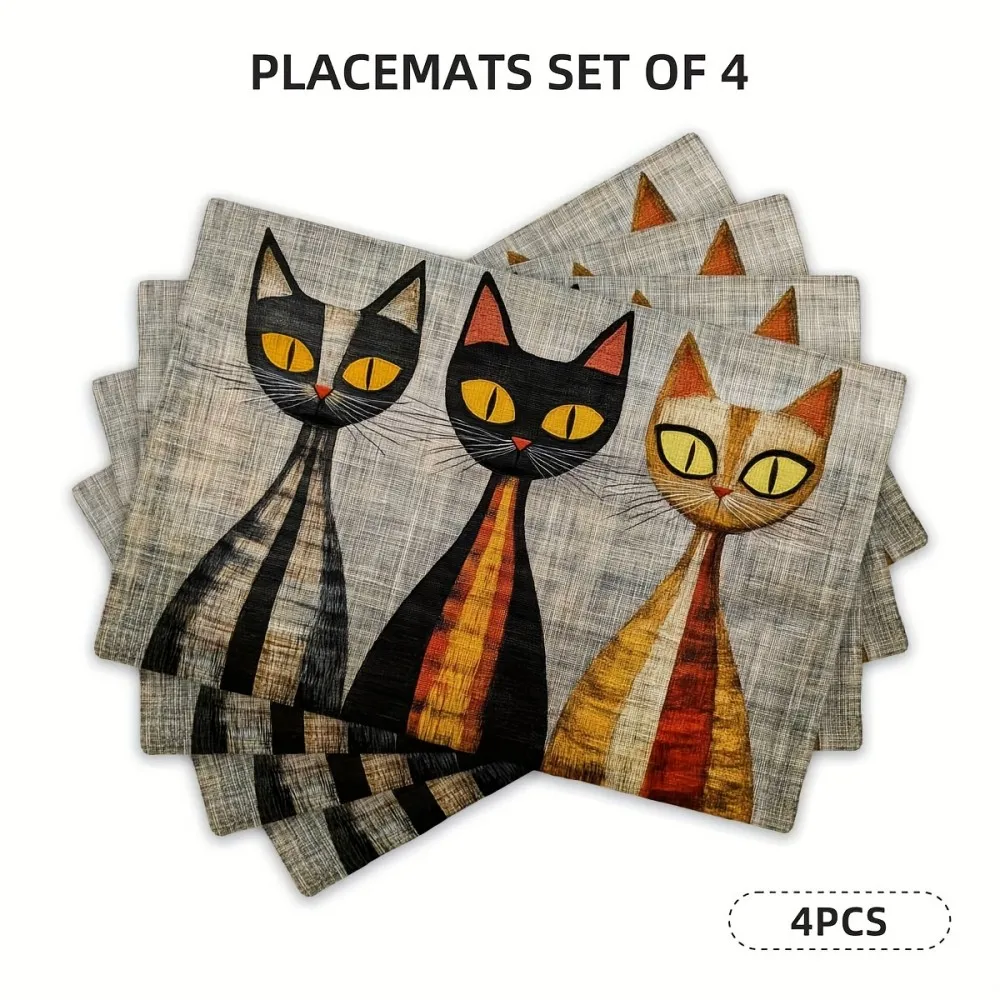 VIKAMA 4-Piece Table Mat Set Stylish Cat-Print Washable Table Mats Perfect for Kitchen & Holiday Decor Retro Home Tableware