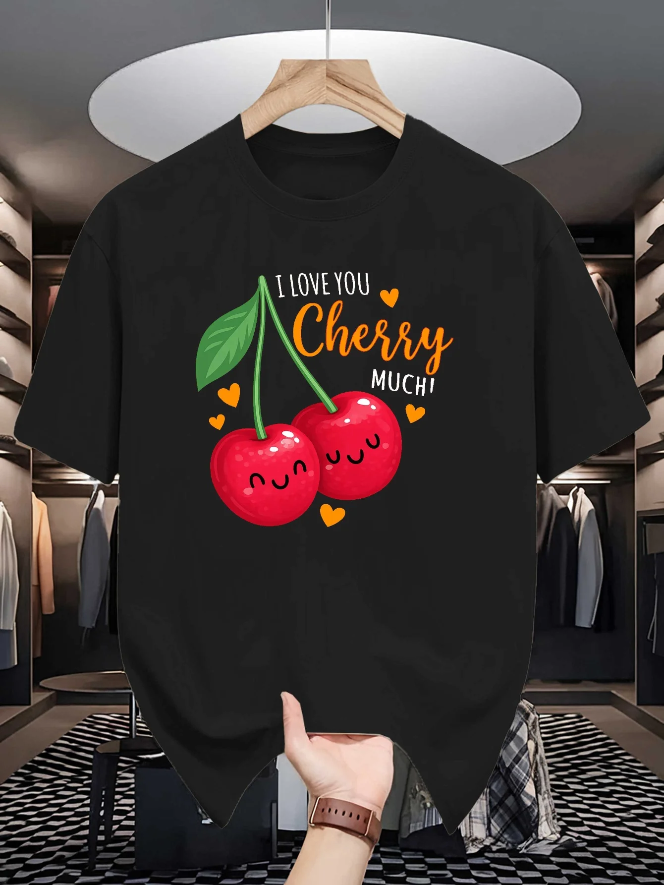 Mens I Love You Cherry Much Graphic Tee Cute Cherry Fruit Heart Print O Neck Short Sleeve Cotton Casual Tops For Fruit Lover Men