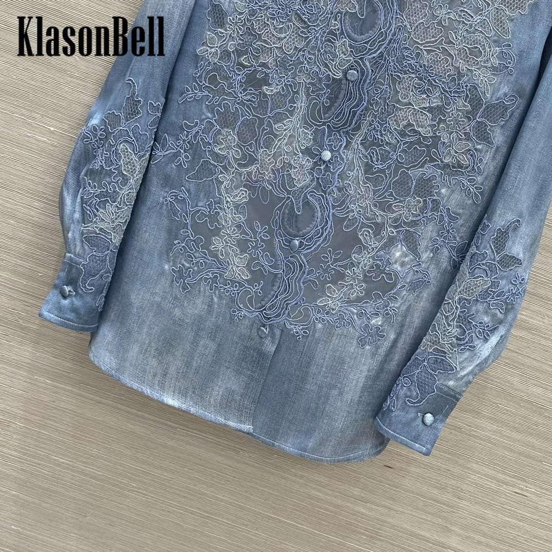 7.25 KlasonBell Women Lace Applique Embroidery Single Breasted Shirt Tie-Dye Print Blue Long Sleeve Loose Blouse