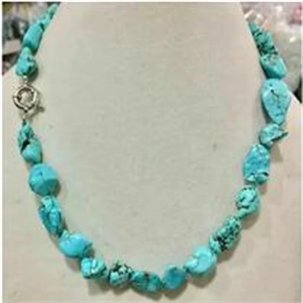 Natural Stone Blue Turquoise 10-14mm Irregular Gem stone Chain Necklace 18