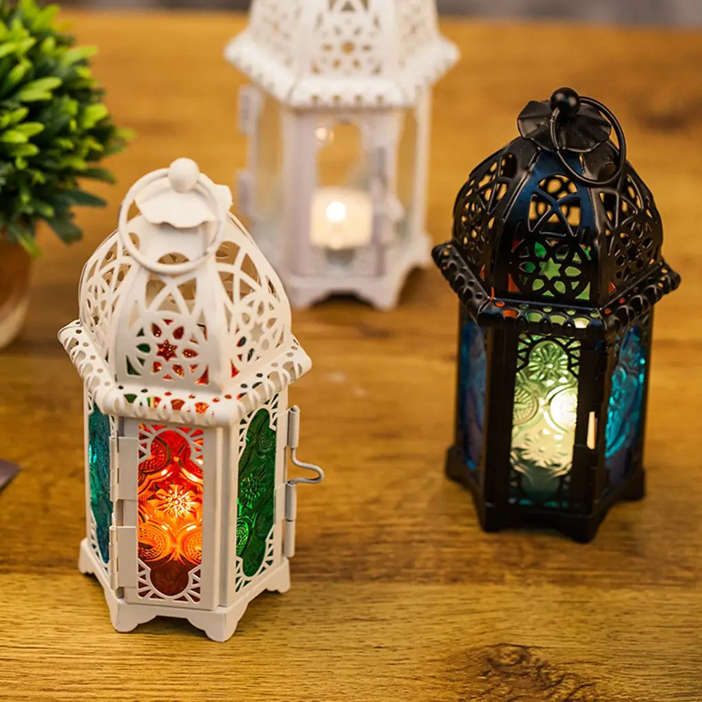 Glass Crystal Moroccan Candlestick Metal Hollow Candle Holder Home Coffee Shop Decoration Iron Hanging Candle Lantern