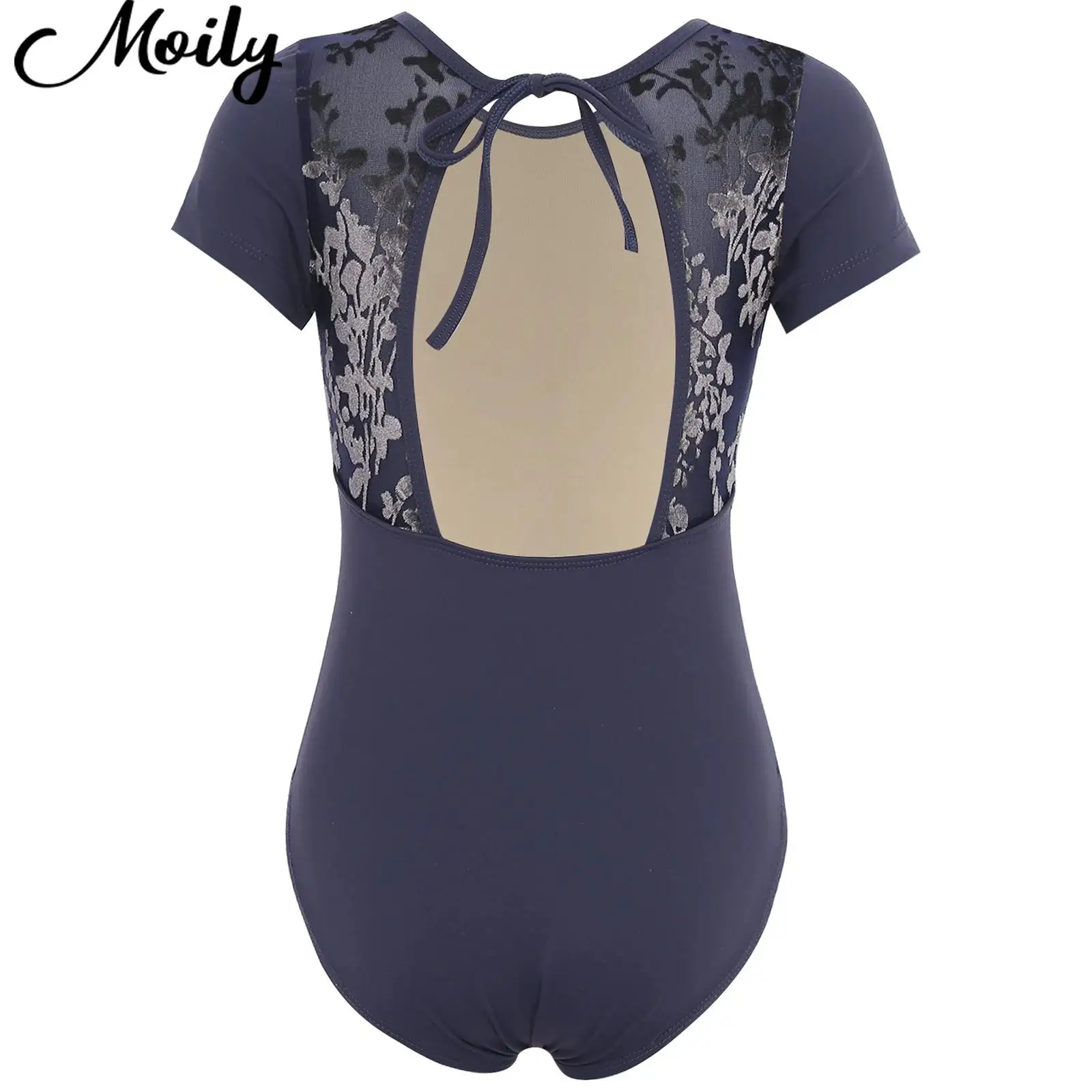 

Kid Girl Ballet Leotard Gym Yoga Practice Performance Costume Short Sleeve Cutout Back Velvet Printed Mesh Skating Dance Leotard