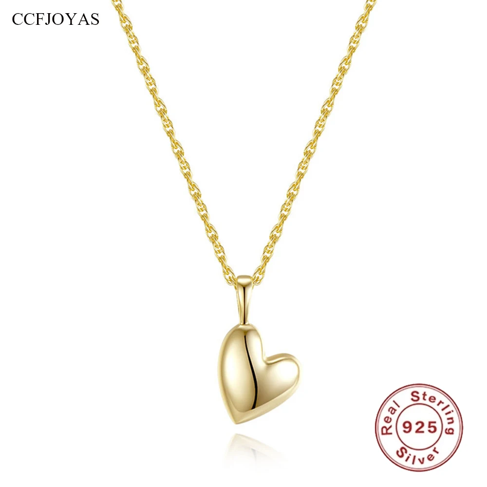 

CCFJOYAS 100% 925 Sterling Silver Heart Shaped Pendant Necklace for Women 18K Gold Plated Simple Exquisite Love Clavicle Chain