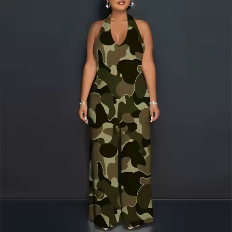 Classic Camouflage Halter V-Neck Maxi Dress - Women's Bold Adventurous Party Festival Resortwear Evening