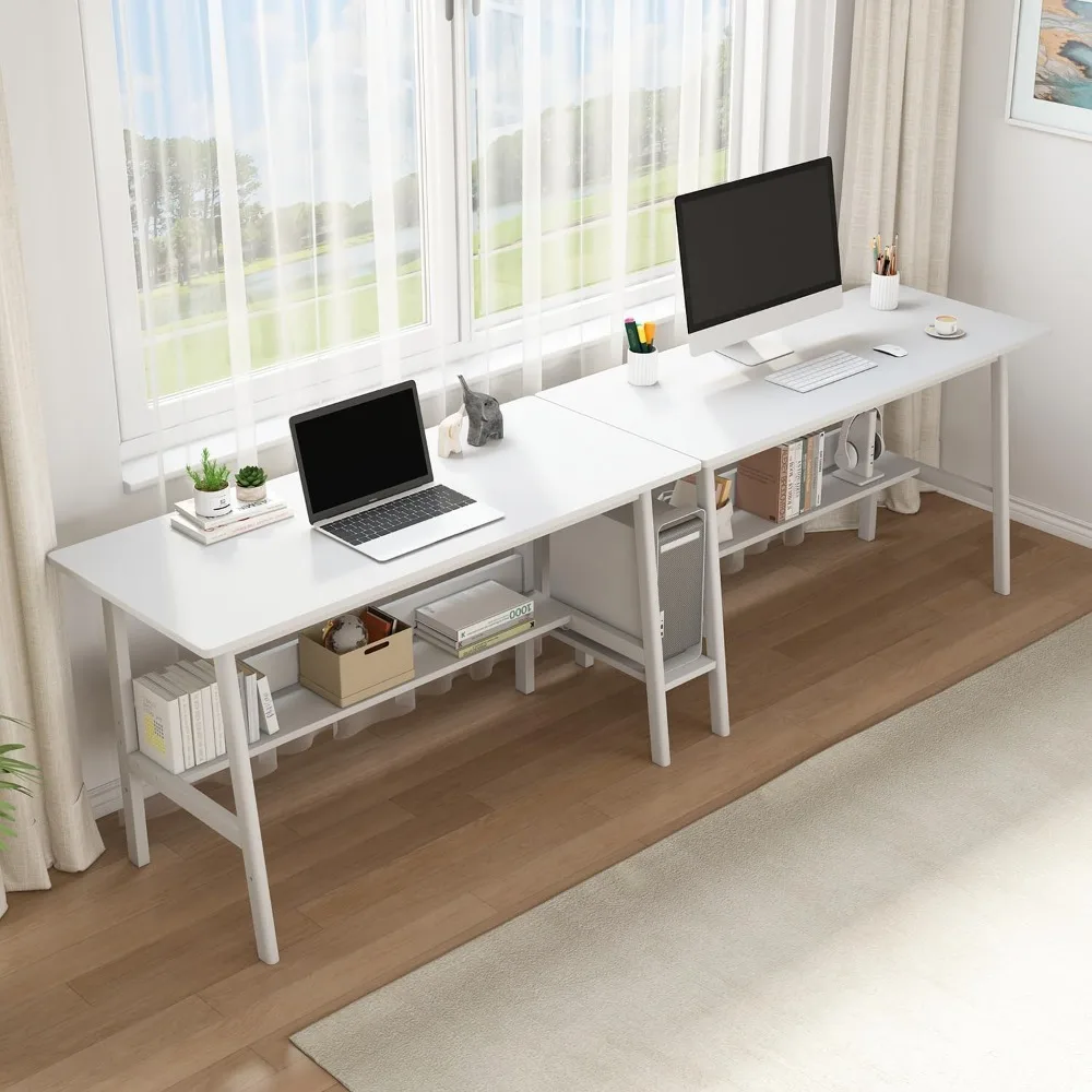 De madeira Extra Longo Escrita Mesa com Estante, Home Office Mesa de Trabalho, Duplo Estudo Computer Workstation, 2 Pessoa, 110"