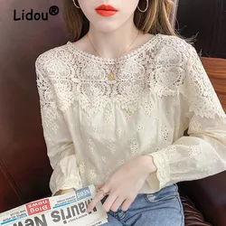 New Autumn Vintage Chic Lace Embroidery Sexy Hollow Long Sleeve Fashion Blouse Shirt Women Casual Simple Solid Loose Ladies Tops