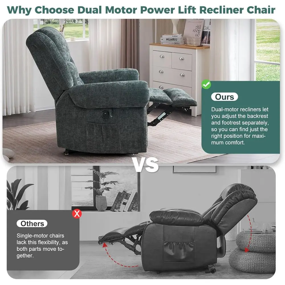 كرسي بمحرك مزدوج لكبار السن مع حرارة، تدليك، منافذ USB، رمادي أزرق شانيل #5