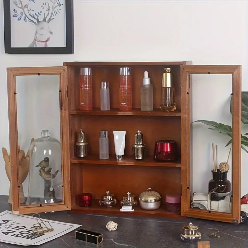 

Double Door Wooden Storage Cabinet - Rustic Desktop Organizer with Glass Panels,2-Tier Display Hidden Storage for Office/Bedroom