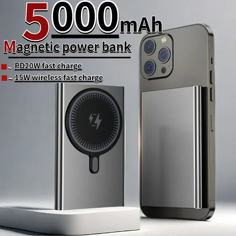 Ultra Thin Wireless Magnetic Power Bank, External Power Bank, Dual Fast Charging, Suitable for iPhone, Magsafe, 5000mAh, PD20W