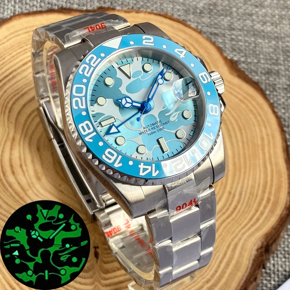 

BLIGER NH34A 40mm Sky Blue Black Orange GMT Function NH34 GMT Lume Dial Automatic Watch For Men Steel Bracelet Ceramics Insert