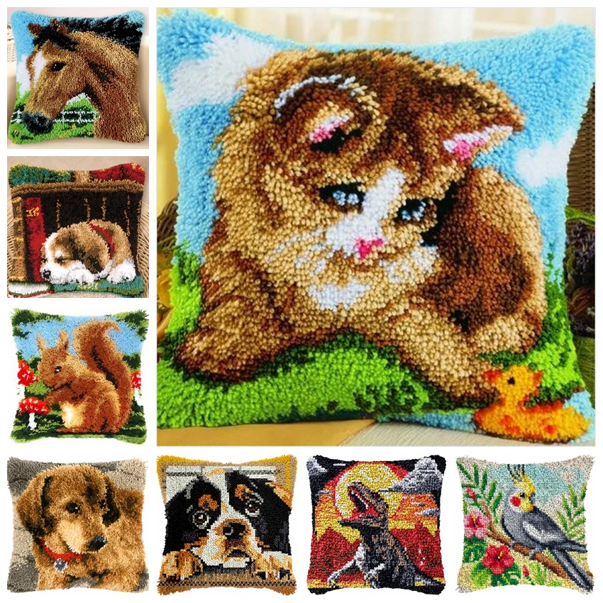 Cat Series Latch Hook Kit Mats Cushion Pillow DIY Crafts Needlework Button Package Cushion Embroidery Latch Hook Rug Carpet