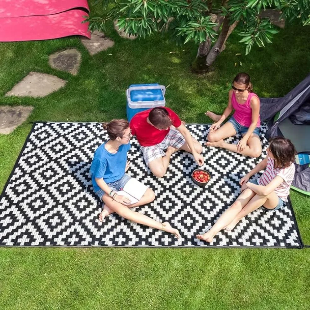 MiRcle Sweet Waterproof Outdoor Rug 4X6 ft Reversible Black & White Plastic Straw Patio Carpet for Camping, 120X180cm Floor Mat