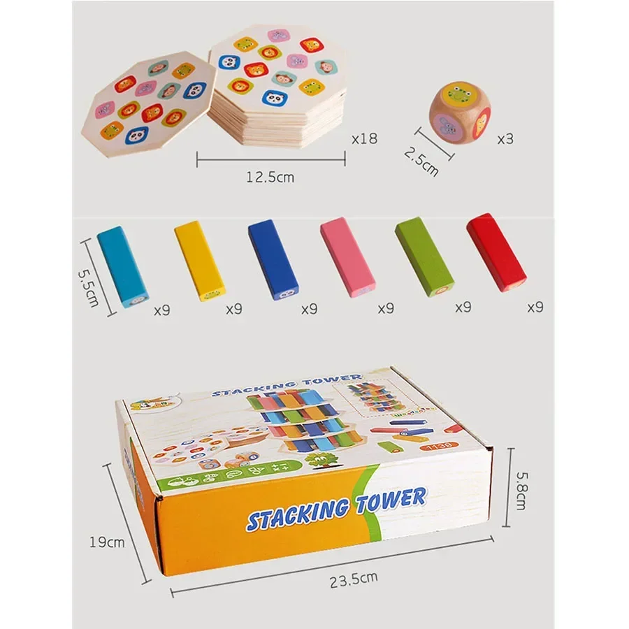 Tower Creative Board Games for Children Baby 54Pcs Wooden Building Blocks Toy Cartoon Animal Colorful Rainbow Domino Stacking