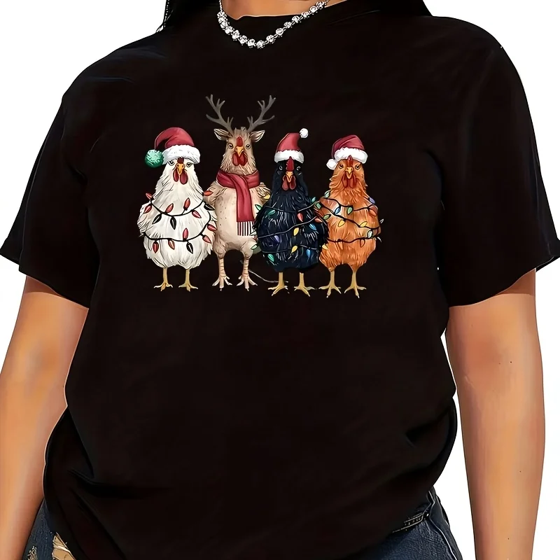 Colorful Light-up Rooster Women's T-Shirt 100% Cotton Funny Graphic Short Sleeve Tee Novelty Shirt Casual Crew Neck Top S-5XL
