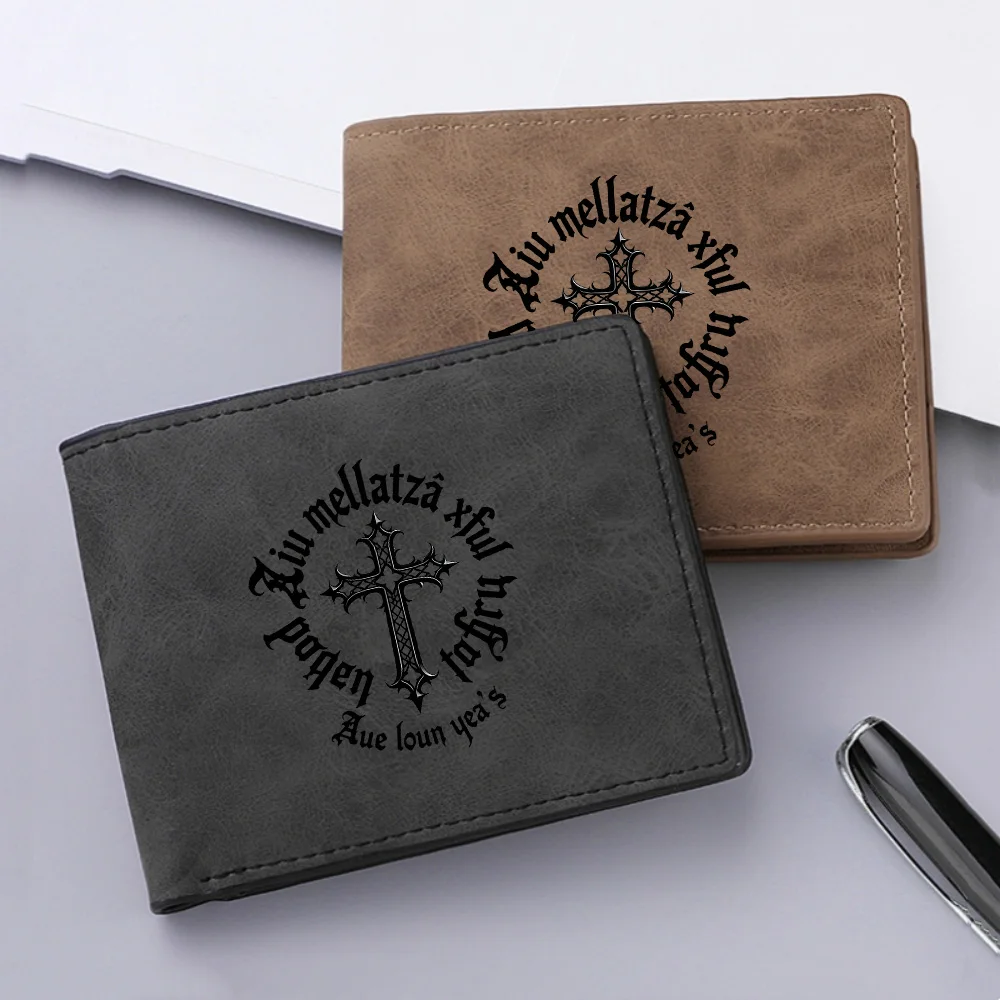 Men's Vintage Suede PU Leather Bifold Wallet with Gothic Cross & Letter Print Credit Card Holder Portable Pocket Purse