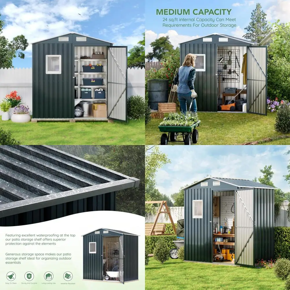 

Компактный вертикальный уличный стальной навес размером 6x4x6,5 футов с запираемыми дверями, идеально подходит для хранения в саду, заднем дворе и патио