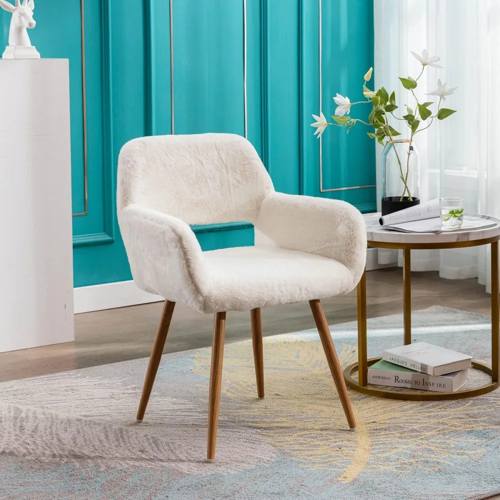 كرسي مكتب فروي KCC، كرسي مريح بذراعين حديث من منتصف القرن مع فرو صناعي للفتيات المراهقات، أرجل معدنية ذات مظهر خشبي لتناول الطعام #2