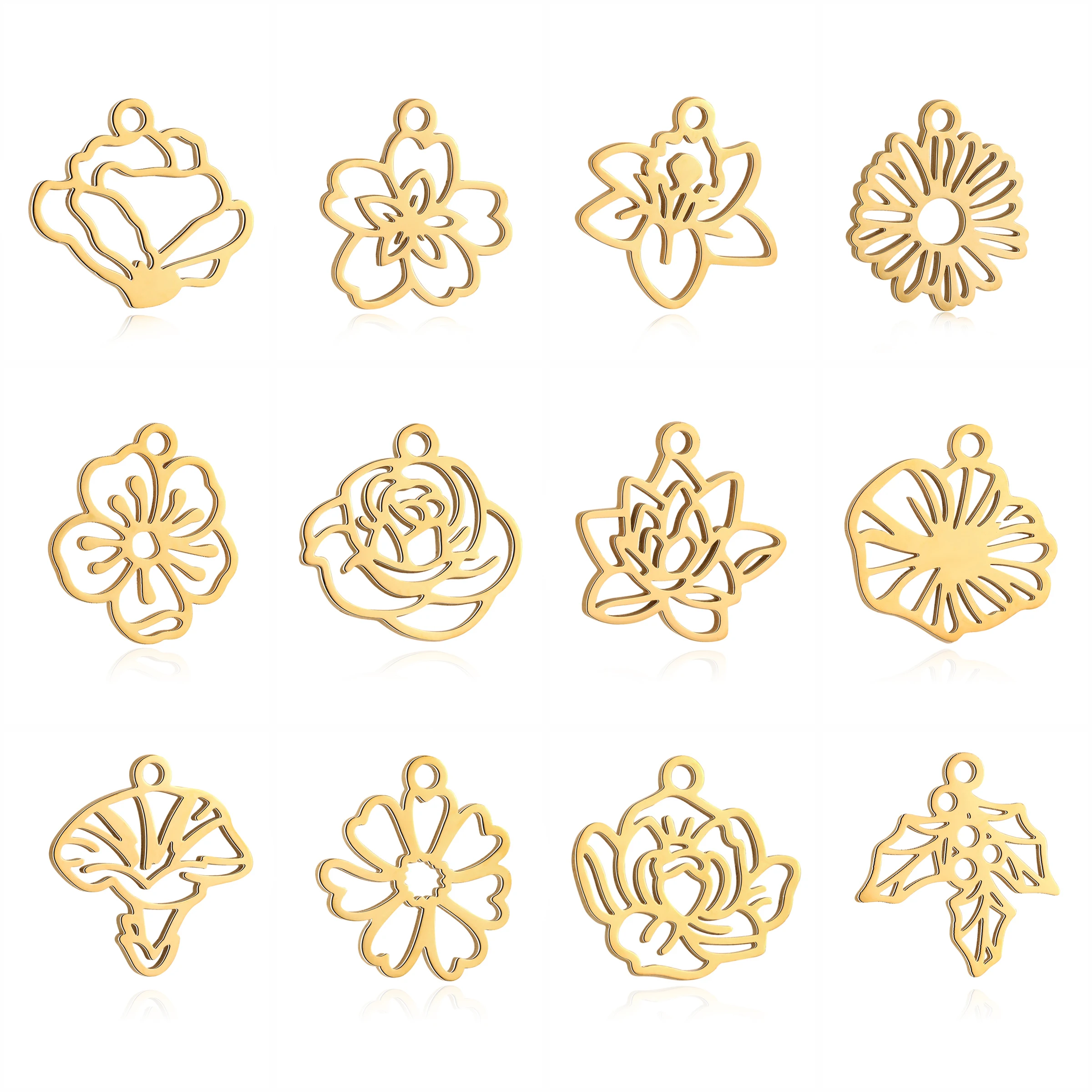 Breloques en forme de fleur du mois de naissance en acier inoxydable, 5 pièces, pendentif Floral, plante, collier, boucles d'oreilles, fabrication de bijoux, DIY