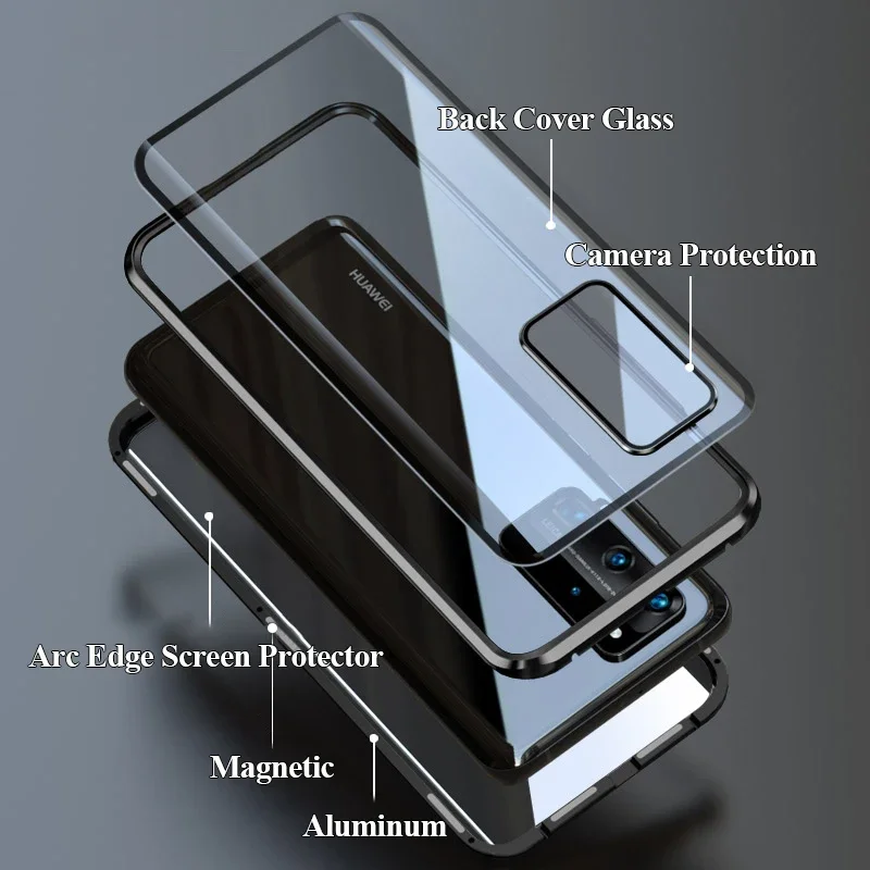 Double Sided Glass Magnetic Case For Huawei P40 P40Lite P40Pro P30 P30Pro P30Lite Metal Case For Huawei P40 Lite E Mate 30 Cover