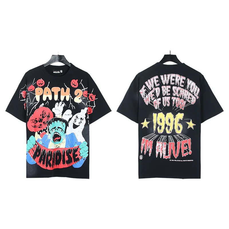 الرجعية الأمريكية العصرية العلامة التجارية loween طباعة Waed القطن ort Sve تي شيرت الشارع Sle القطن الخالص فضفاضة تناسب جولة Ne #5