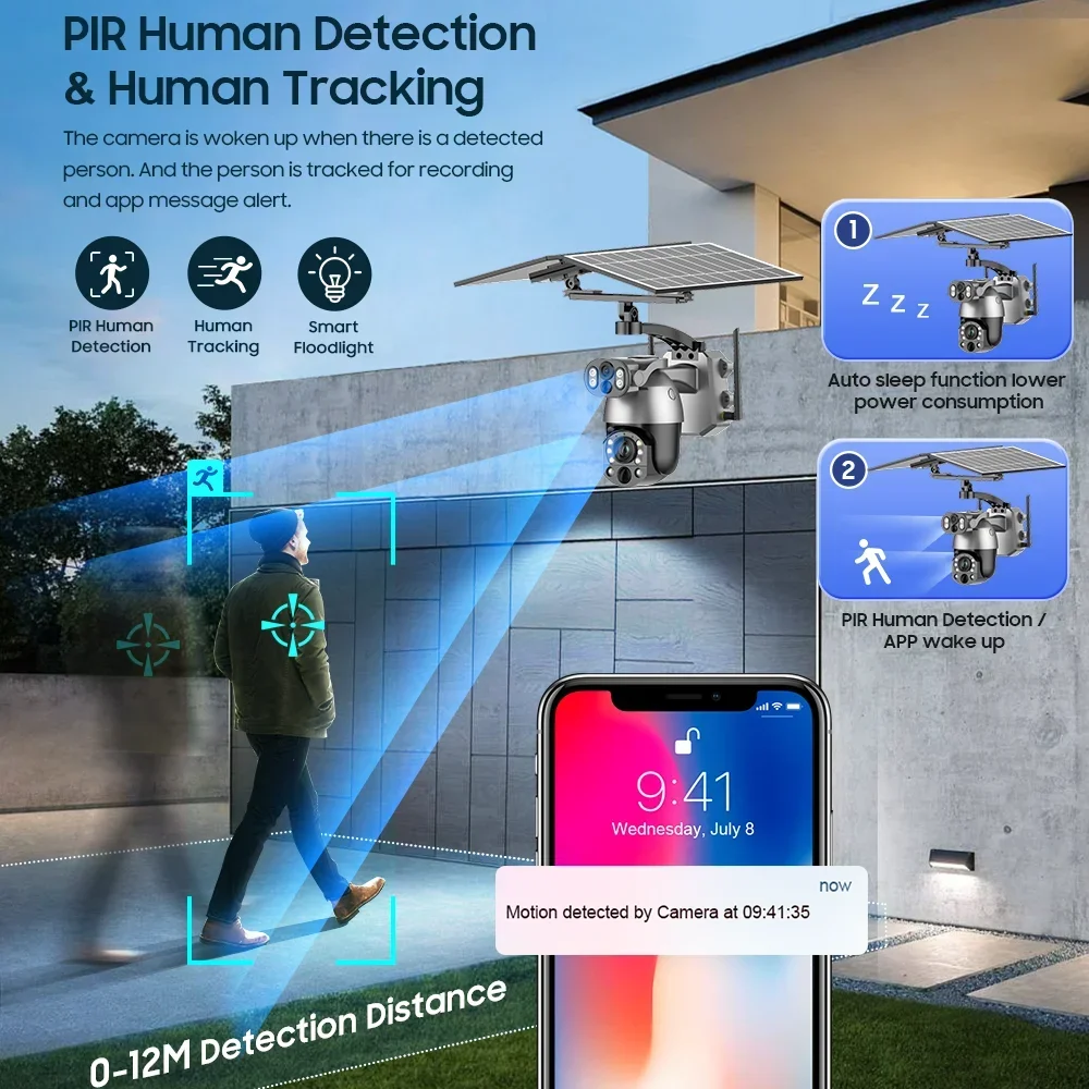 UNENTNGT Dual Lens 4K 50X ZOOM Solar Camera 4G SIM Outdoor 360° PTZ Solar WIFI Security Video CCTV Monitor Human Detection Cam