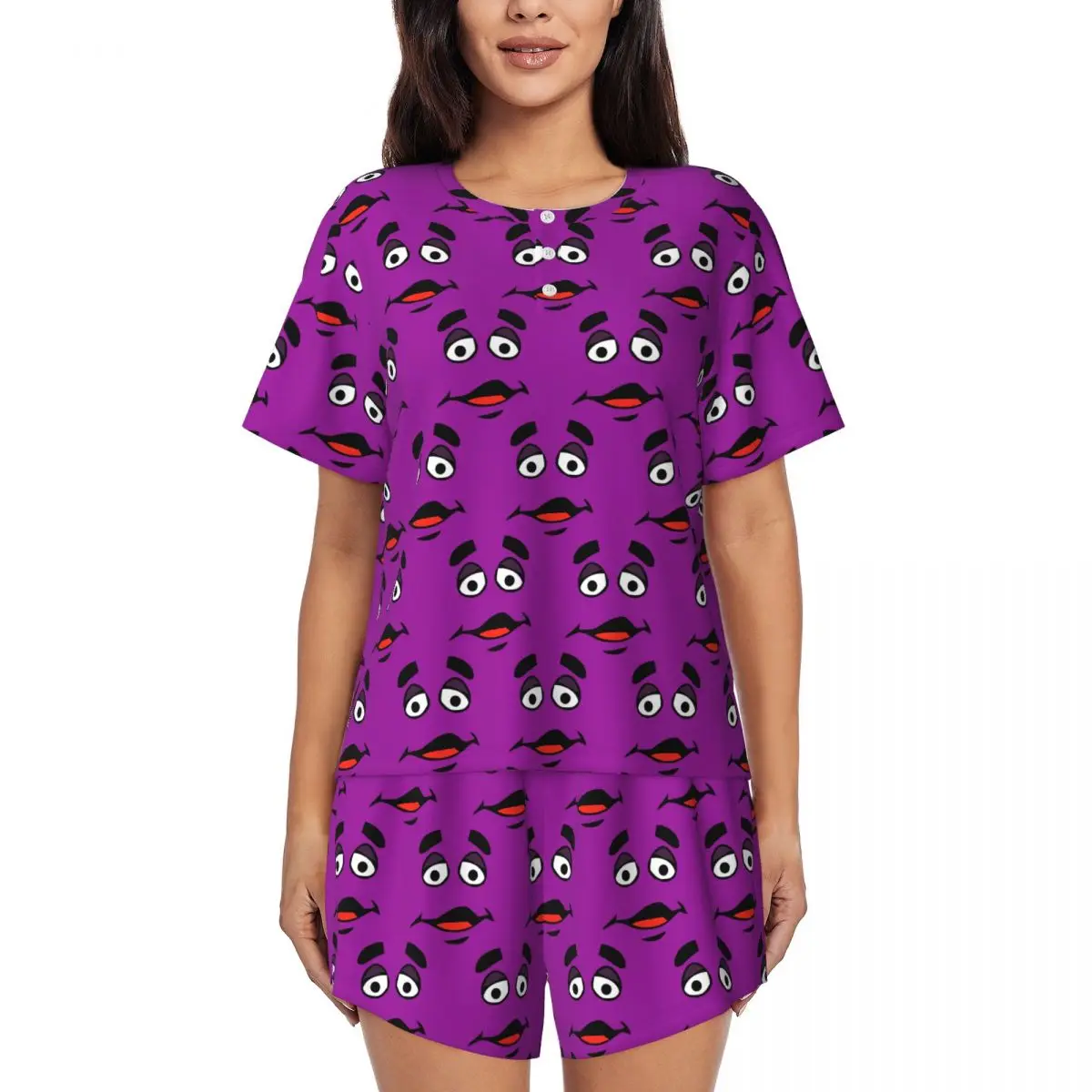 

Grimace Cartoon Design Round Neck Short Sleeves Nightdress for Sleeping Sleepshirts Women Loose Pajama Set Short Pants