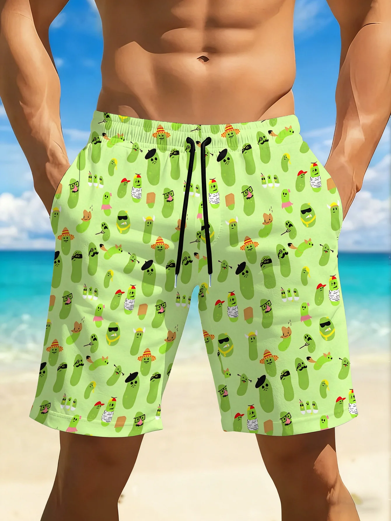 

Breathable Quick-Dry Men's Beach Shorts Cute Cartoon Cucumber Print Swim Trunks Elastic Waistband for Swimming Surfing