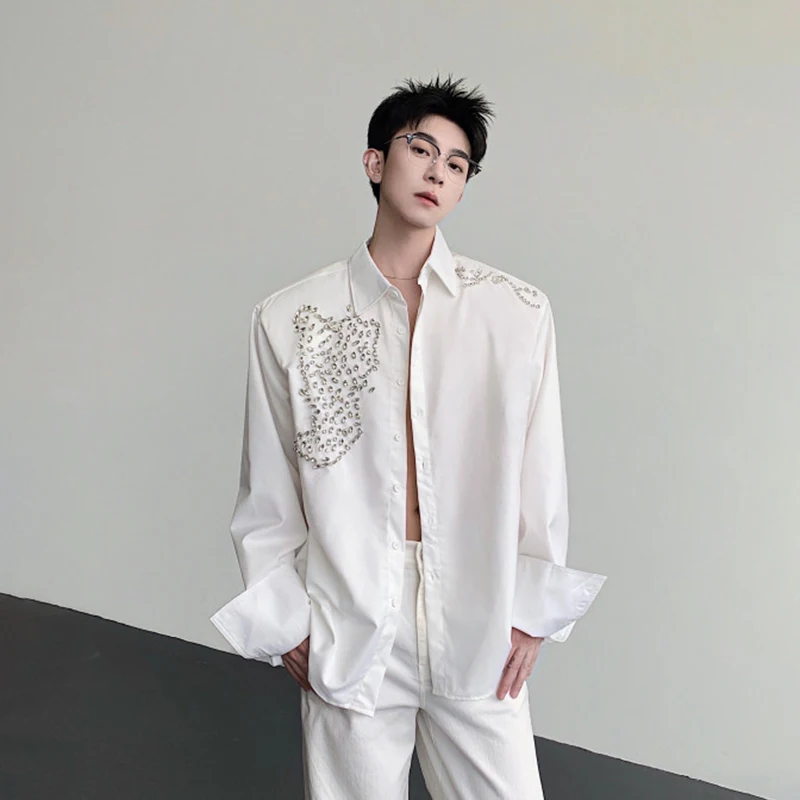 WTHT Fashion Men's Solid Color Spliced Beads Design Casual Shirts Trendy Long Sleeves Lapel Tops Male 2026 Summer 2A3088