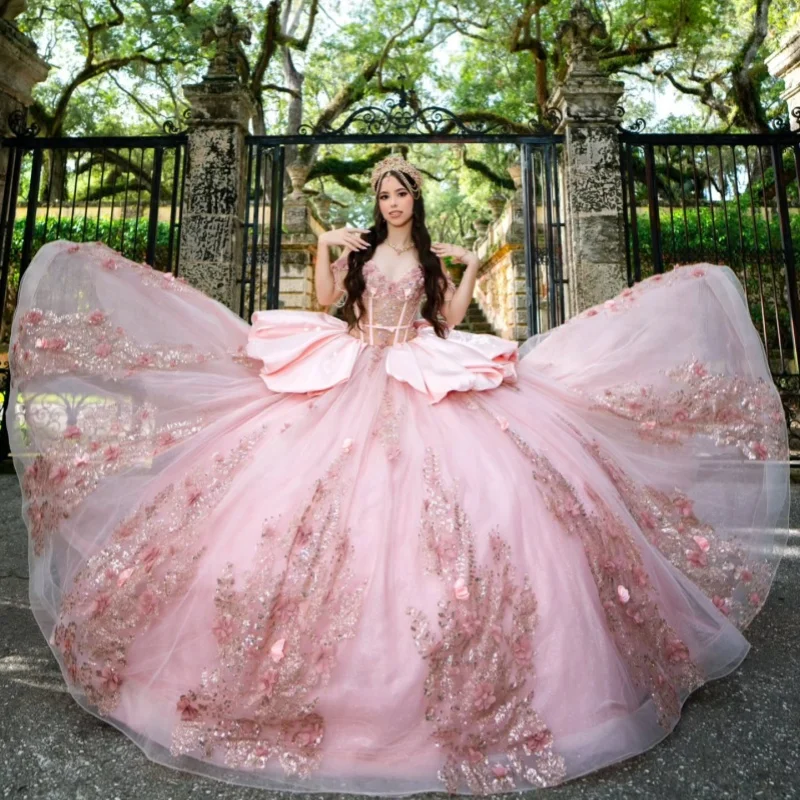 Pink Quinceanera Dress Glitter Crystal 3D Flower Decal Long tail off-shoulder Layering Vestidos De 15 Quinceanera ﻿Customize