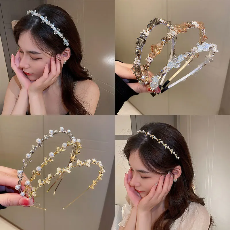 

Fashion Hair Hoop Hair Bands for Women Girl New In Diamond Studded Pearl Bowknot Flowers Wide Hairband Hair Accessories Headwear