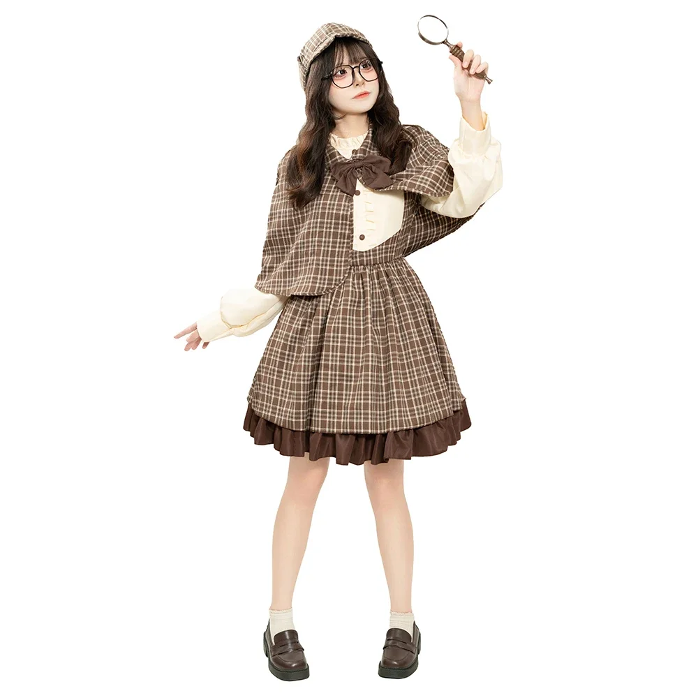 British Style High Collar Long Sleeve Detective Dress Adult & Kid Detective Costume Reasoning Game Women Halloween Cosplay Dress