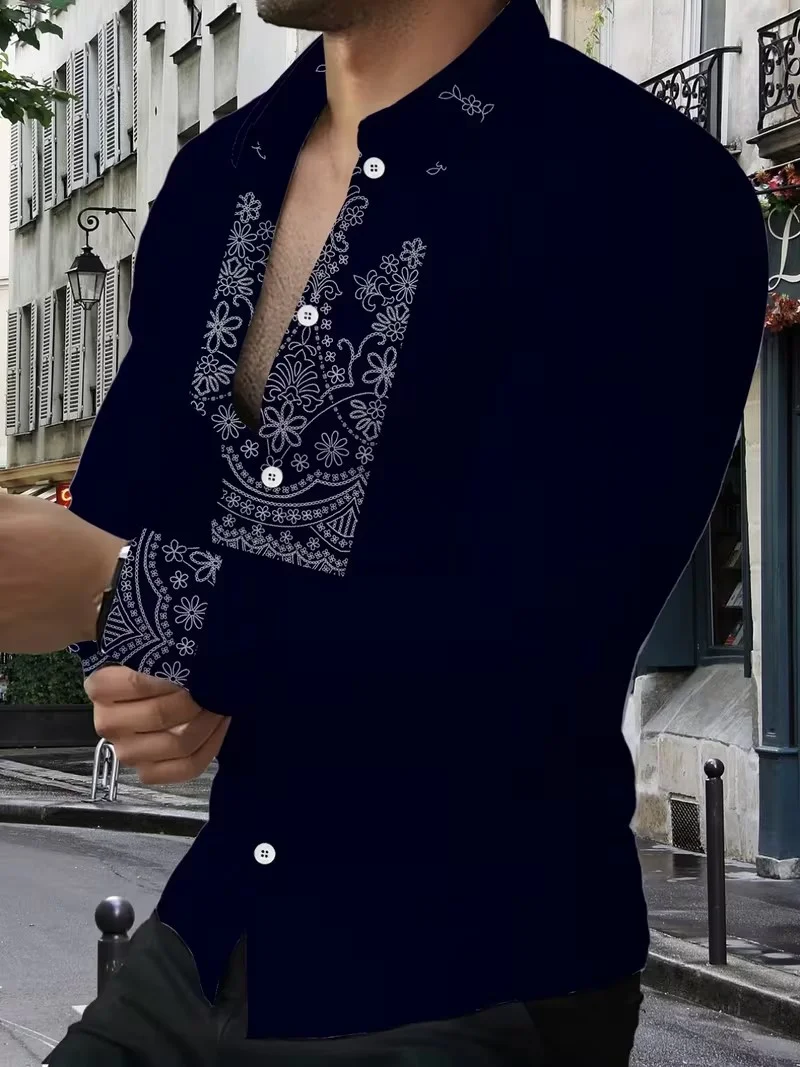 

Men's retro geometric pattern spliced black shirt, black tone matched with retro geometric pattern splicing,