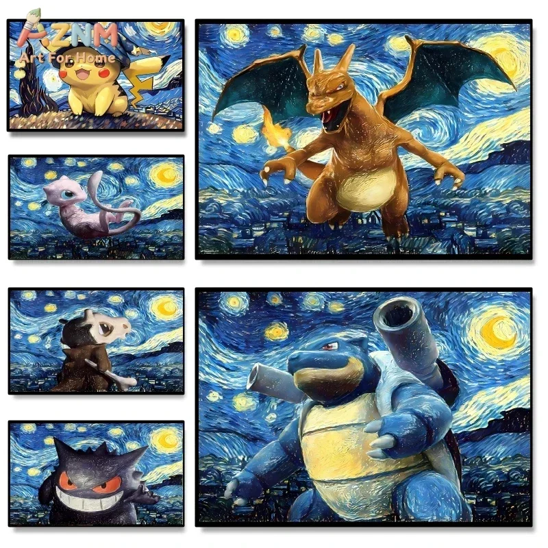 Van Gogh Starry Night Pokemon Canvas Print Unframed Pikachu Charizard Blastoise Gengar Mew  Painting Anime Wall Decor Po