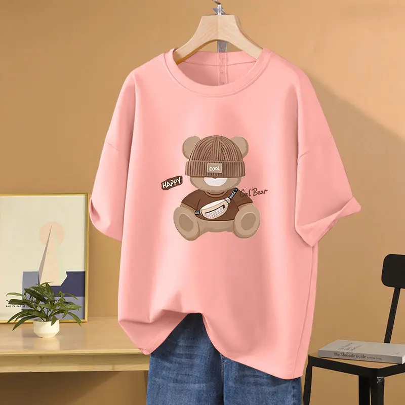 Women Clothing 100% Cotton Loose Casual Pullovers, Summer Fashion Basic Short Sleeve T-shirt, Cartoon Printed O-neck Top Tee