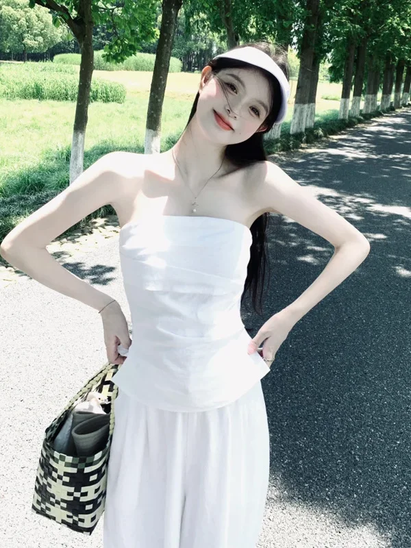 

Elegant Anti-Aging Strapless Top High Waist Wide Leg Pants Two-Piece Set Summer Fashion Design Sensation Women's Ensemble