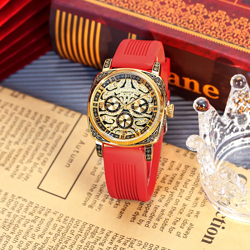 

Мужской модный винтажный корпус часов с красной лентой и гравировкой, кварцевые часы с тигровым глазом