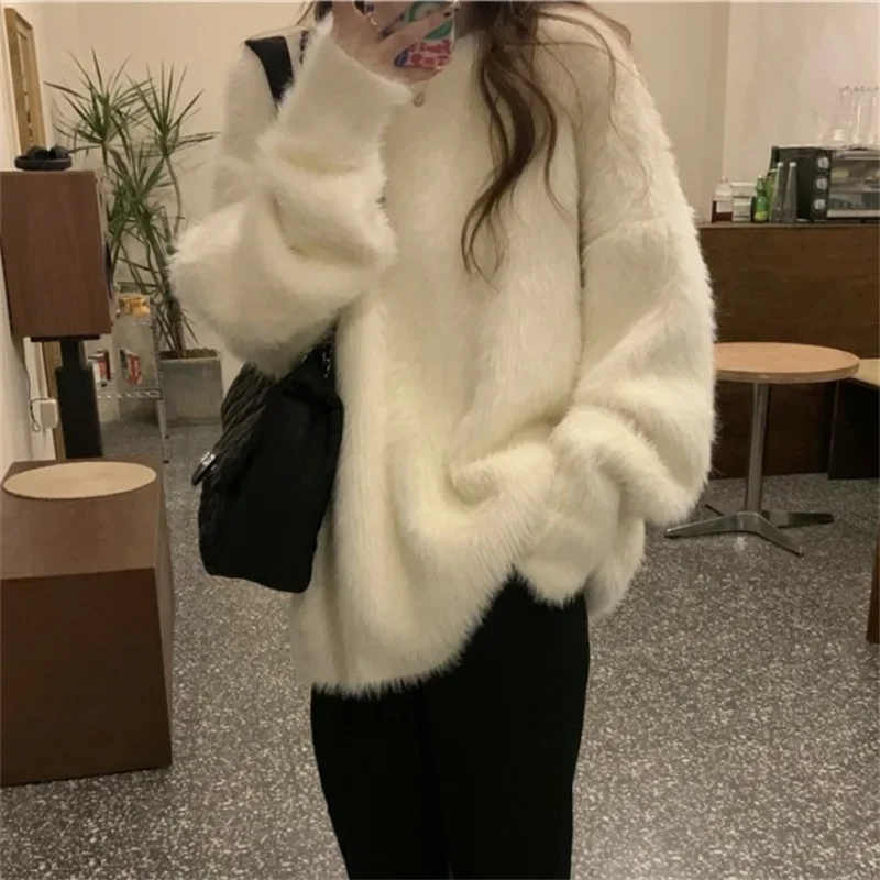 Imitation Mink Fur Round Neck Loose Pullover Sweater for Women's 2024 Autumn and Winter New Lazy Style Warm Sweater