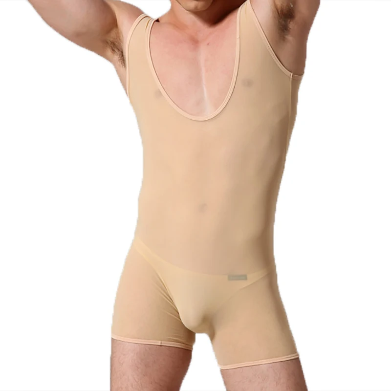 Sexy Men Undershirt Leotard Mesh Transparent Sheer Bodysuits Shorts Wrestling Singlet Jumpsuits Slip Homme Fishnet Gay Underwear