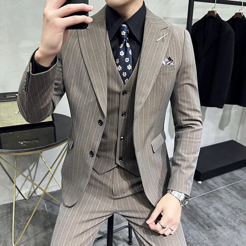 

Slim Fit Korean Style Wedding Suit Set for Men Business Formal Small Jacket Host Polyester Viscose Spandex Two Button