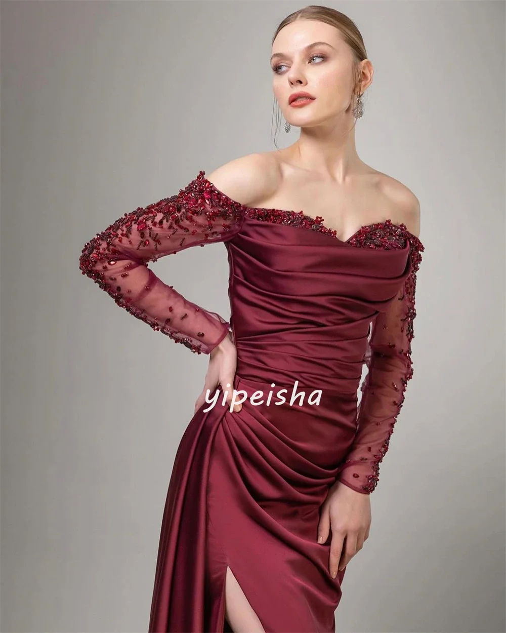 Customized Elegant Retro Bead Hanging Formal Evening Gown A-line Off Shoulder Custom Dress Long Skirt Showcases Aristocratic Sty