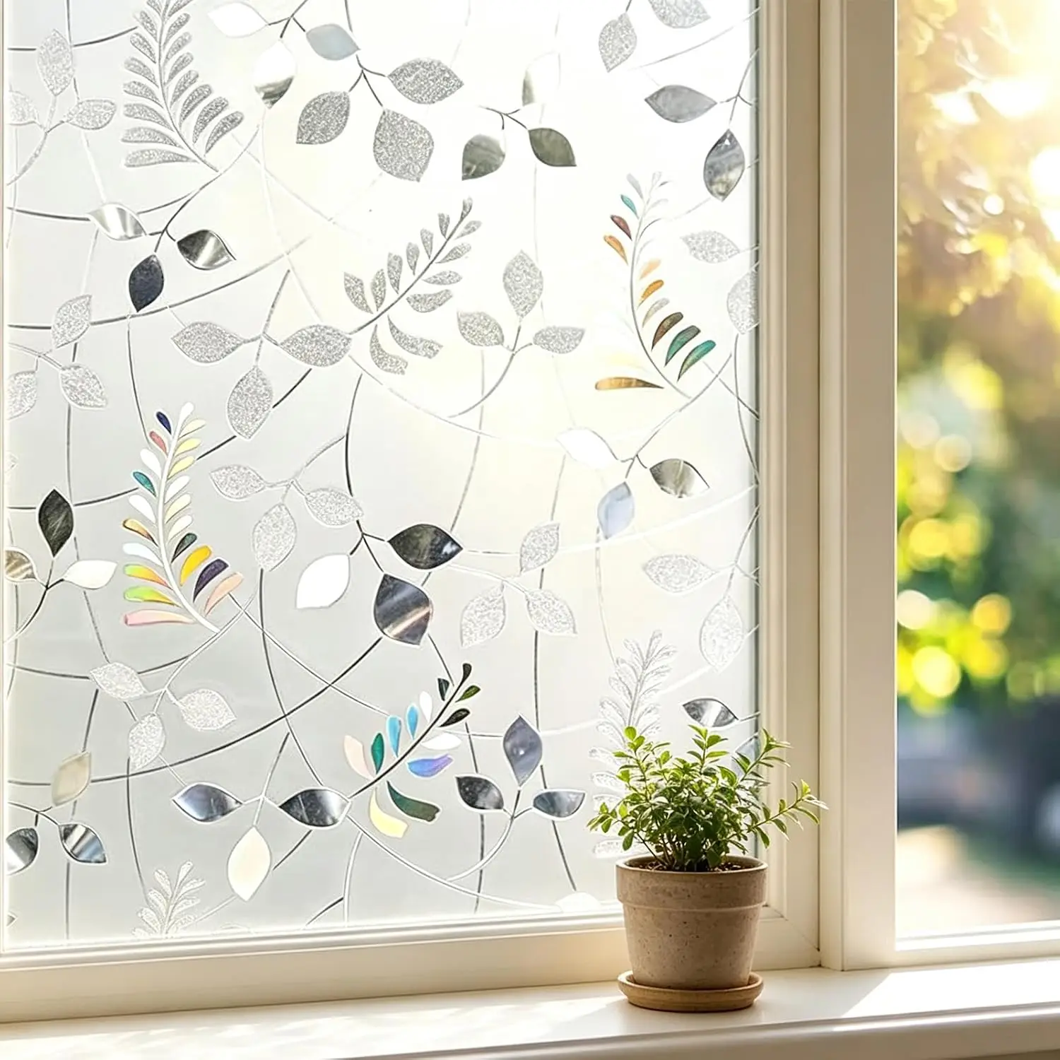 Frosted Glass Window Privacy Film,Mimosa Pattern Stained Glass Static Cling No Glue Stickers Renter-Friendly Tint for Home Decor