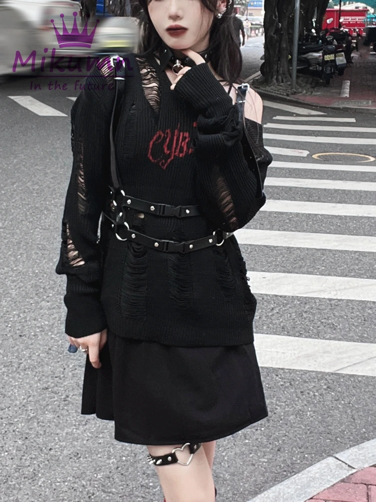 Punk Rock Broken Sweater Y2k Aesthetic Gothic Letter Printed Black Sweater Long Sleeve Hollow Out Knit Pullover Chic Streetwear