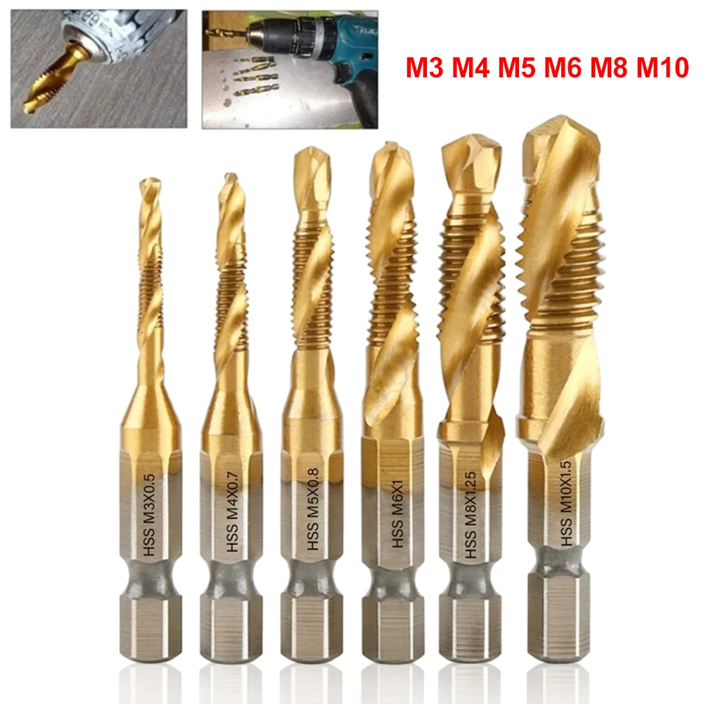 Drill Tap Bit Set M3 M4 M5 M6 M8 M10 Titanium Plated HSS Screw Hex Shank Metric Tap Drill Bits Screw Tapping Bit Hand Tools