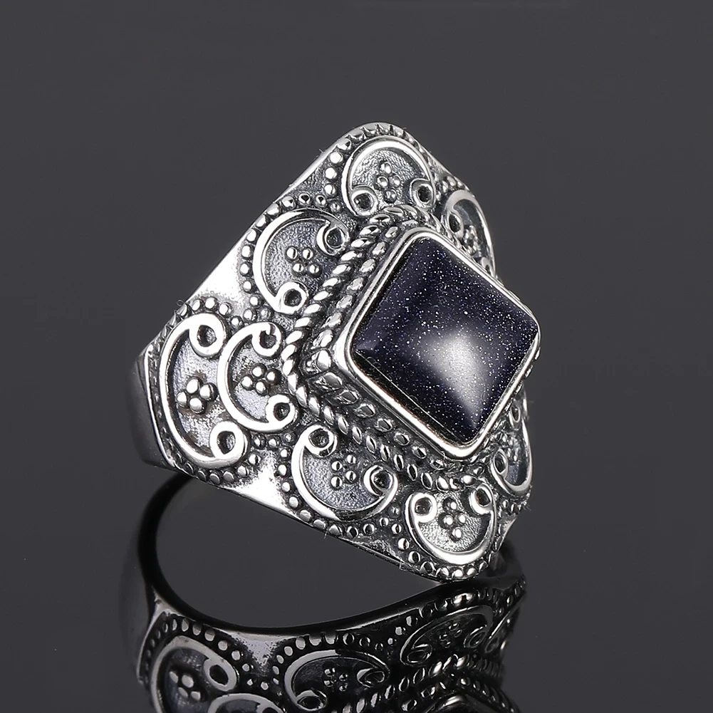 Retro Generous Natural Blue Sandstone Gemstone Rings Anniversary Gift Fine Jewelry S925 Sterling Silver Rings for Women