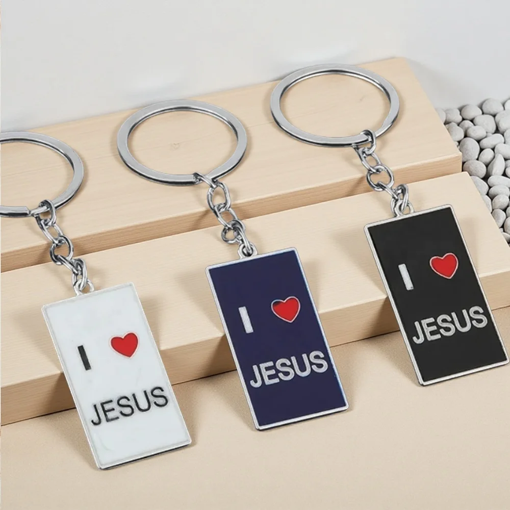 

Originality Color Metal Keychain I Love Jesus Pendant Keyring Personalization Car Moto Square Key Chain Ring Backpack Gift