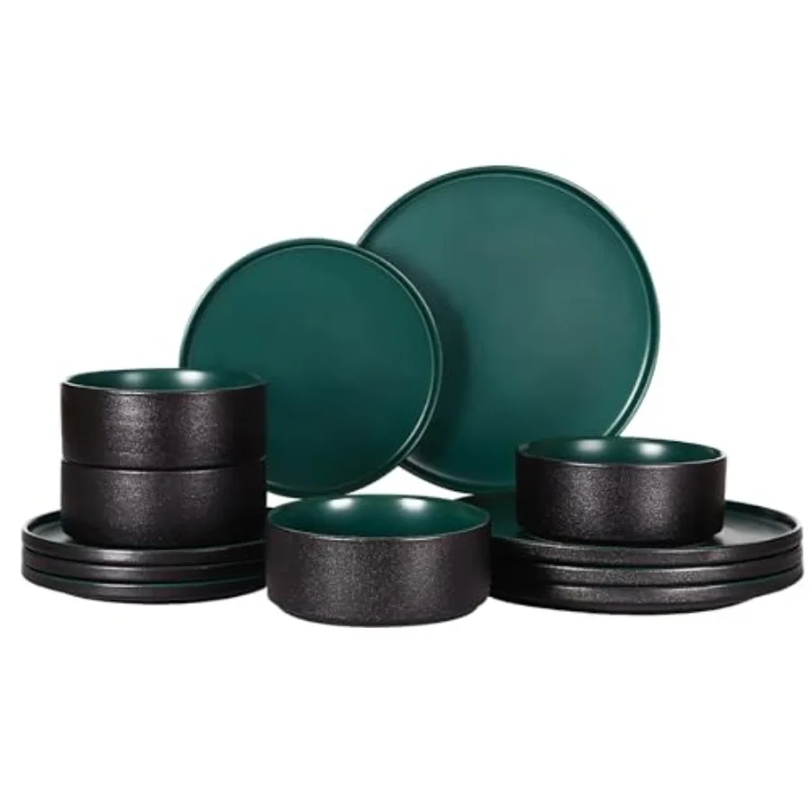 

Classic Series - Plates and Bowls Set for 4 12 Pcs Stoneware Dinnerware Sets Microwave and Dishwasher Safe Lead-Free Handcrafte