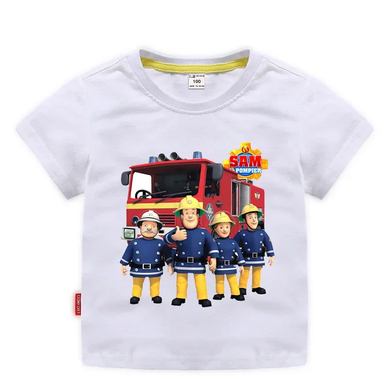 Children Cartoon Fireman Sam Print Cotton T-shirts for Boy Shirt Girl Short Sleeve Tee Top Clothes Kids Clothing Unisex 2-10Year