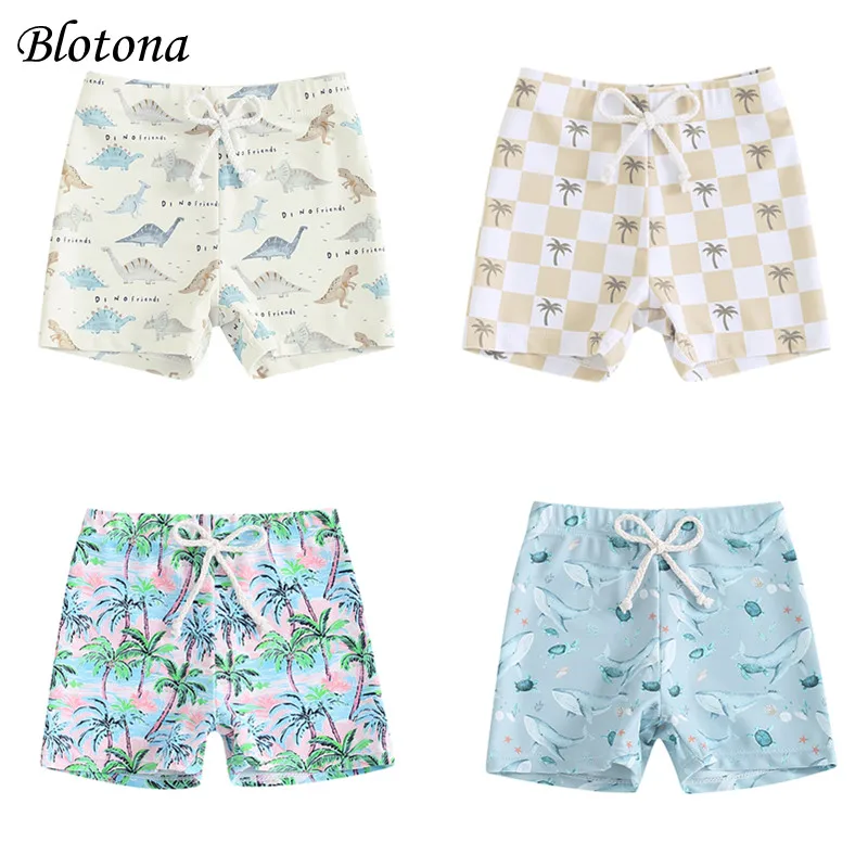 Blotona Kids Boys Swim Trunks Summer Dinosaur/Plaid/Turtle Print Elastic Drawstring Board Shorts Toddler Swimwear Bathing Suit